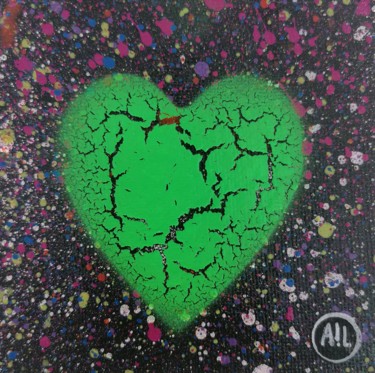 Peinture intitulée "Coeur vert" par Grazy B, Œuvre d'art originale, Bombe aérosol Monté sur Carton