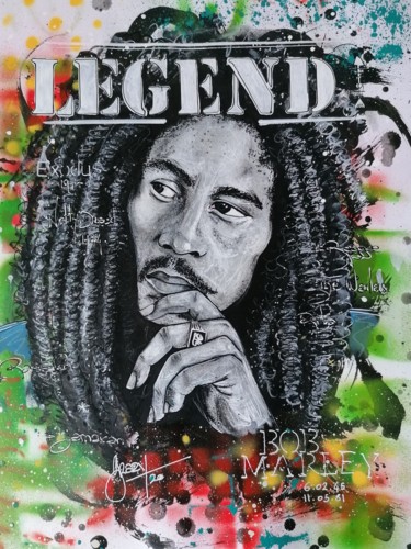 Malerei mit dem Titel "LEGEND - BOB MARLEY" von Grazy B, Original-Kunstwerk, Sprühfarbe Auf Andere starre Platte montiert