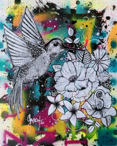 Malerei mit dem Titel "Colibri" von Grazy B, Original-Kunstwerk, Sprühfarbe Auf Andere starre Platte montiert