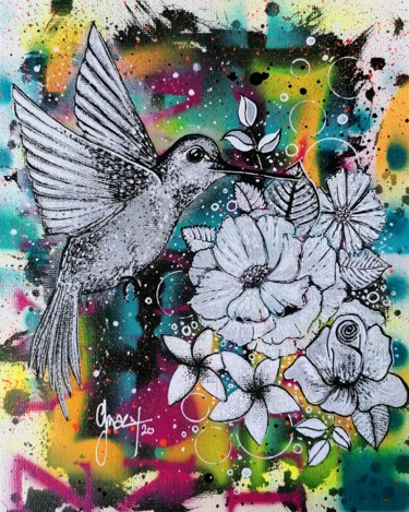 Peinture intitulée "Colibri" par Grazy B, Œuvre d'art originale, Bombe aérosol Monté sur Autre panneau rigide