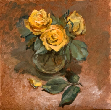 Картина под названием "Yellow roses in a v…" - Artkaminskaya, Подлинное произведение искусства, Масло