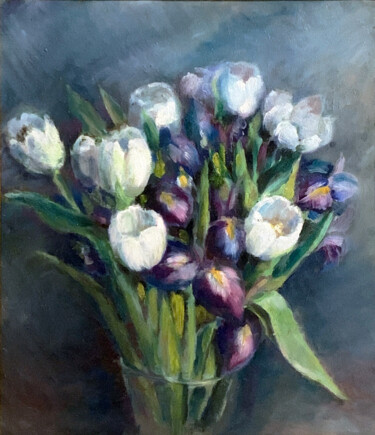 Peinture intitulée "Tulips and irises,…" par Artkaminskaya, Œuvre d'art originale, Huile Monté sur Carton