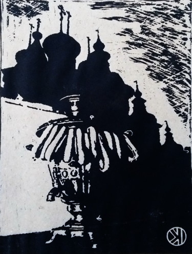 Druckgrafik mit dem Titel "Samovar at home" von Ivan Kelarev, Original-Kunstwerk, Linoldrucke