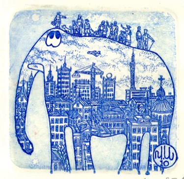 Printmaking titled "elephant and people" by Ivan Kelarev, Original Artwork, Engraving