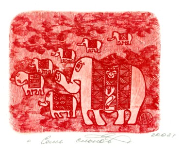 Druckgrafik mit dem Titel "seven elephants" von Ivan Kelarev, Original-Kunstwerk, Gravur