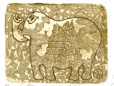 Gravures & estampes intitulée "elephant and Babylo…" par Ivan Kelarev, Œuvre d'art originale, Gravure