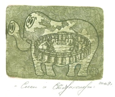 Druckgrafik mit dem Titel "elephant and stoneh…" von Ivan Kelarev, Original-Kunstwerk, Gravur