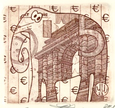 Printmaking titled "elephant and euro" by Ivan Kelarev, Original Artwork, Engraving