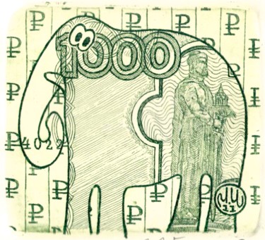 Gravures & estampes intitulée "elephant and ruble" par Ivan Kelarev, Œuvre d'art originale, Gravure