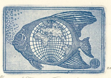 Estampas & grabados titulada "fish globe" por Ivan Kelarev, Obra de arte original, Grabado