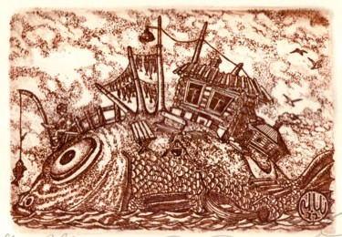 Prenten & gravures getiteld "fish island" door Ivan Kelarev, Origineel Kunstwerk, Gravure