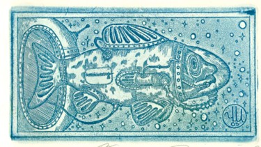 Printmaking titled "fish astronaut" by Ivan Kelarev, Original Artwork, Engraving
