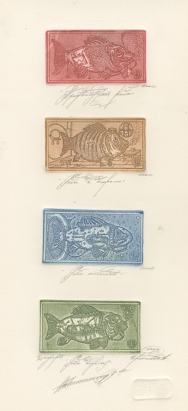 Druckgrafik mit dem Titel "Technical fish - 1" von Ivan Kelarev, Original-Kunstwerk, Gravur