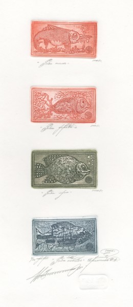 Incisioni, stampe intitolato "drunken fish" da Ivan Kelarev, Opera d'arte originale, incisione