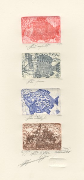 Gravures & estampes intitulée "technical fish" par Ivan Kelarev, Œuvre d'art originale, Gravure