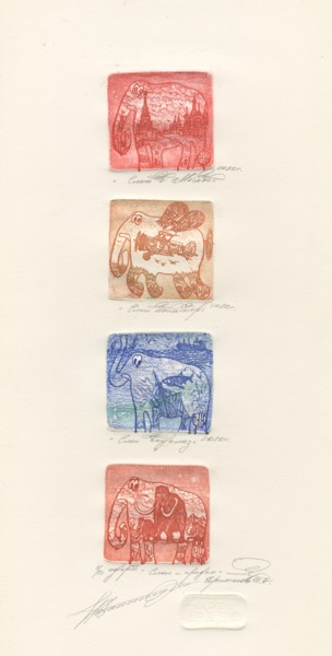 「elephant travels in…」というタイトルの製版 Ivan Kelarevによって, オリジナルのアートワーク, 彫刻