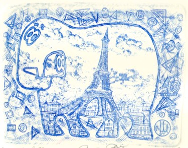 Druckgrafik mit dem Titel "Elephant in Paris" von Ivan Kelarev, Original-Kunstwerk, Gravur