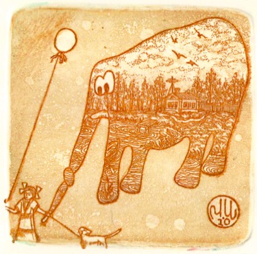 Printmaking titled "Elephant and Girl" by Ivan Kelarev, Original Artwork, Engraving