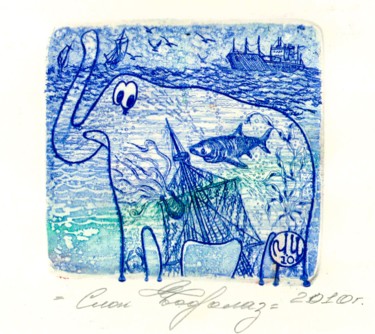 Druckgrafik mit dem Titel "elephant diver" von Ivan Kelarev, Original-Kunstwerk, Gravur