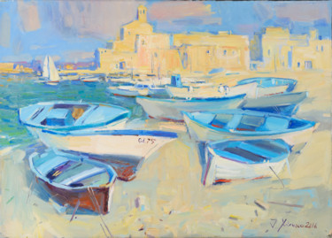 Картина под названием "Boats on vacation" - Igor Khilko, Подлинное произведение искусства, Масло