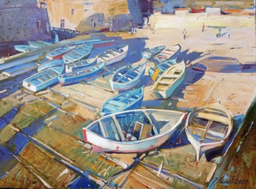 Painting titled ""Лодки на отдыхе" by Igor Khilko, Original Artwork, Oil
