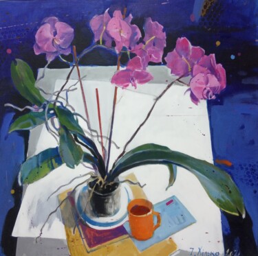 Malerei mit dem Titel "натюрморт с орхидеей" von Igor Khilko, Original-Kunstwerk, Acryl