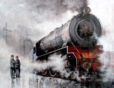 Painting titled "Indian Steam locomo…" by Kishore Pratim Biswas, Original Artwork, Acrylic