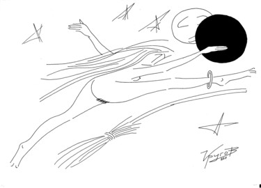 Рисунок под названием "The Witch in Flight" - Kruhov Valerii, Подлинное произведение искусства, Маркер