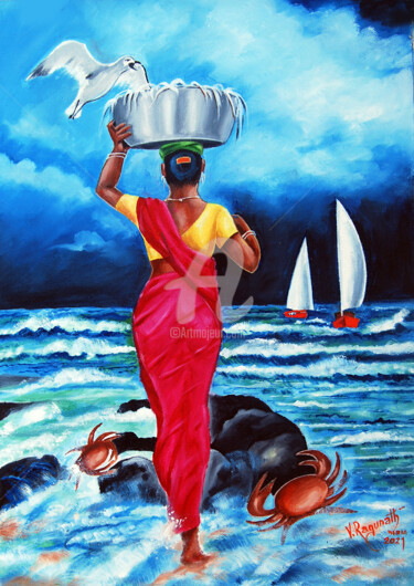 Malerei mit dem Titel "EVERYDAY  LIFE for…" von Ragunath Venkatraman, Original-Kunstwerk, Öl