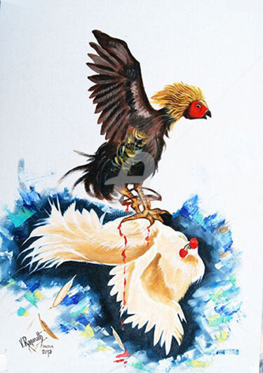 Malerei mit dem Titel "COCK FIGHTING" von Ragunath Venkatraman, Original-Kunstwerk, Öl