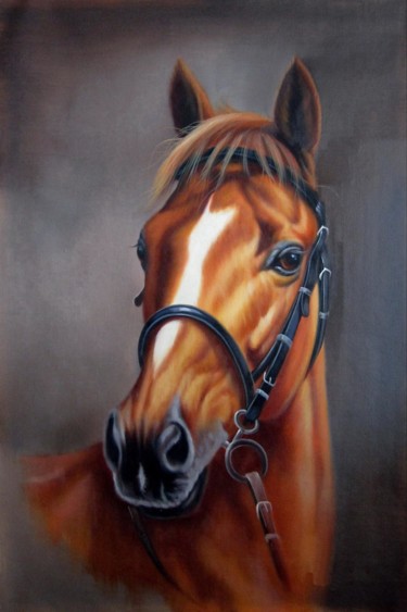 Painting titled "Horse #004D" by James Shang, Original Artwork, Oil Mounted on Wood Stretcher frame