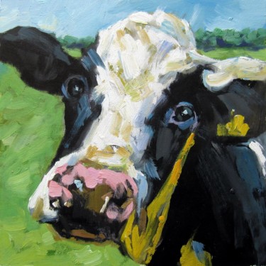 Painting titled "Cow #101D" by James Shang, Original Artwork, Oil Mounted on Wood Stretcher frame