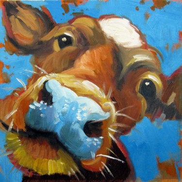 Painting titled "Cow #111" by James Shang, Original Artwork, Oil Mounted on Wood Stretcher frame