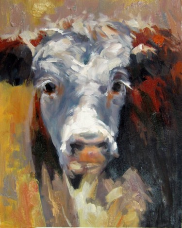 Painting titled "Cow #205" by James Shang, Original Artwork, Oil Mounted on Wood Stretcher frame