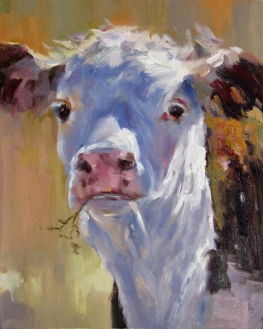 Painting titled "Cow #206" by James Shang, Original Artwork, Oil Mounted on Wood Stretcher frame