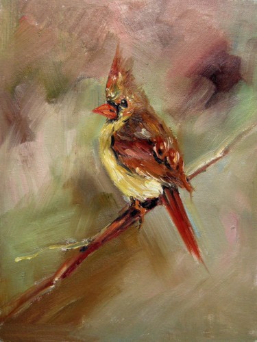 Painting titled "Cardinal #002" by James Shang, Original Artwork, Oil Mounted on Wood Stretcher frame