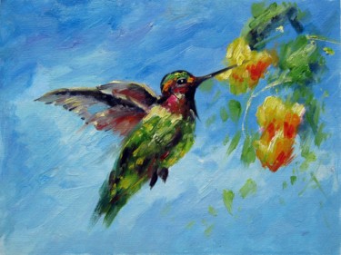 Painting titled "Hummingbird #108" by James Shang, Original Artwork, Oil Mounted on Wood Stretcher frame