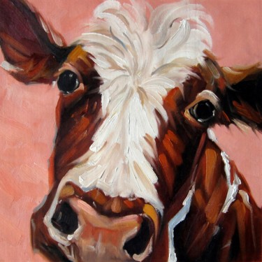 Painting titled "Cow #001" by James Shang, Original Artwork, Oil Mounted on Wood Stretcher frame