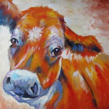 Painting titled "Cow #004" by James Shang, Original Artwork, Oil Mounted on Wood Stretcher frame