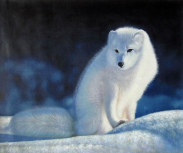 Painting titled "Fox #001" by James Shang, Original Artwork, Oil Mounted on Wood Stretcher frame