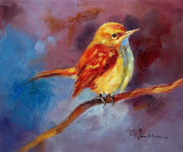 Painting titled "Sparrow #508" by James Shang, Original Artwork, Oil Mounted on Wood Stretcher frame