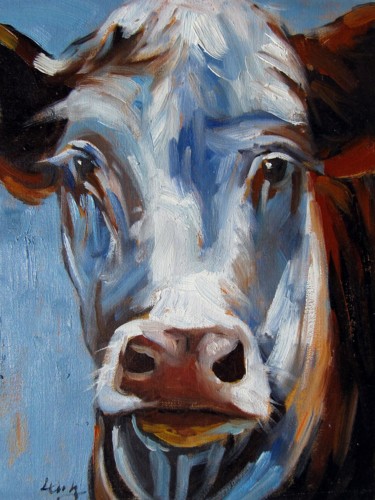 Painting titled "Cow #505" by James Shang, Original Artwork, Oil Mounted on Wood Stretcher frame