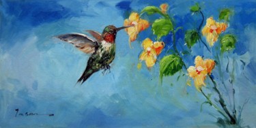Painting titled "Hummingbird #201" by James Shang, Original Artwork, Oil Mounted on Wood Stretcher frame