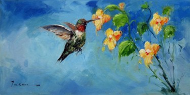 Peinture intitulée "Hummingbird #201" par James Shang, Œuvre d'art originale, Huile Monté sur Châssis en bois