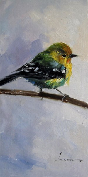 Painting titled "Sparrow #208" by James Shang, Original Artwork, Oil Mounted on Wood Stretcher frame