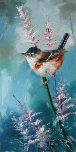 Painting titled "Sparrow #214D" by James Shang, Original Artwork, Oil Mounted on Wood Stretcher frame