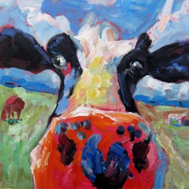 Painting titled "Cow #006D" by James Shang, Original Artwork, Oil Mounted on Wood Stretcher frame