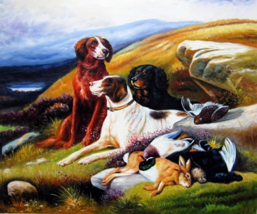 Painting titled "Hunting dogs #002" by James Shang, Original Artwork, Oil Mounted on Wood Stretcher frame