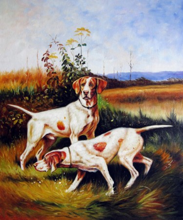 Painting titled "Hunting dogs #003" by James Shang, Original Artwork, Oil Mounted on Wood Stretcher frame