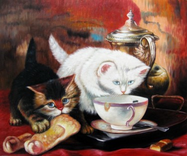 Painting titled "Cat 001" by James Shang, Original Artwork, Oil Mounted on Wood Stretcher frame